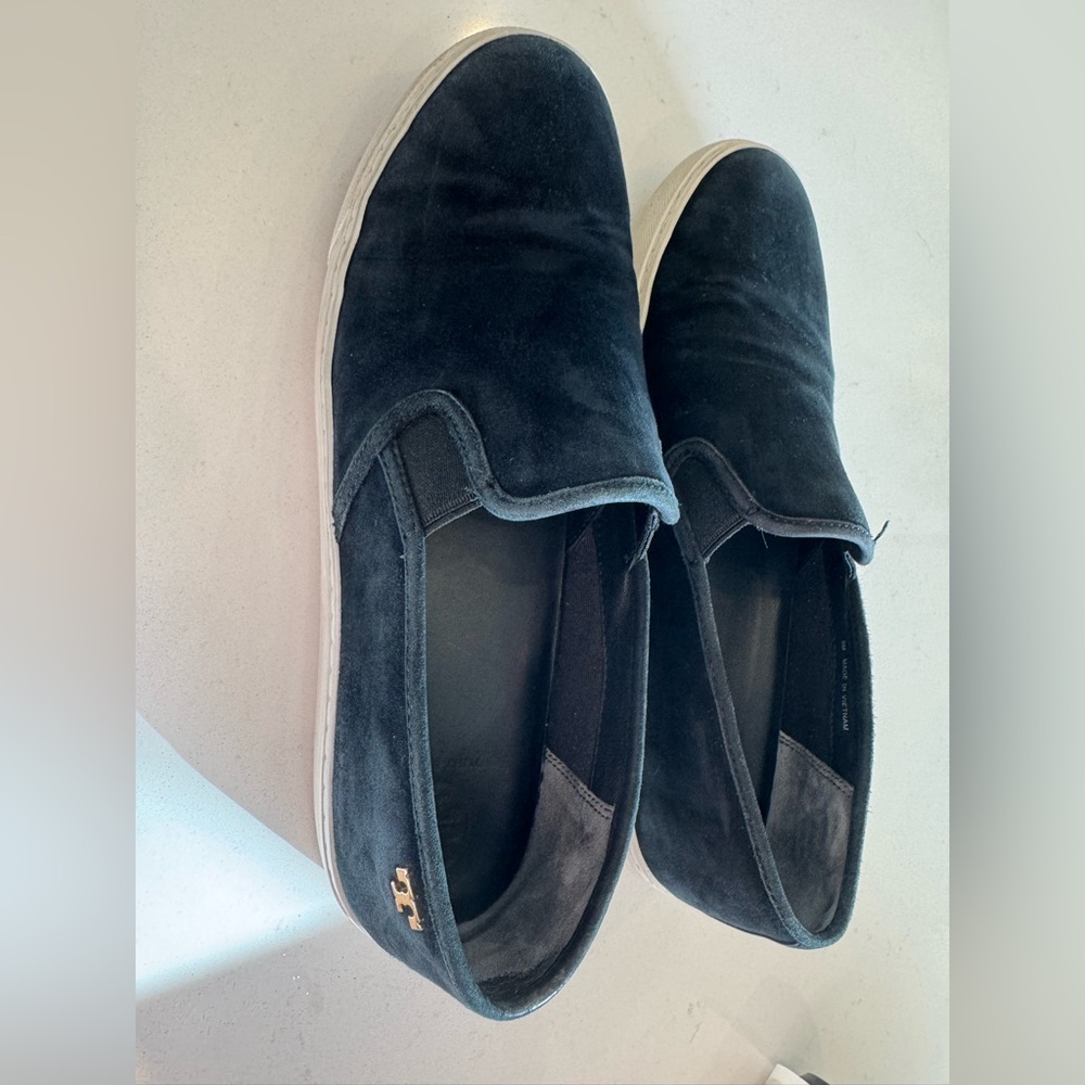 Tory Burch Black Suede Slip-On Loafers with Gold Logo - max slip ons